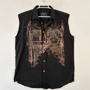 Brad Butter Button Down Sleeveless Biker Shirt Men's XL Y2K Vintage Rhinestones